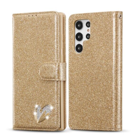 Per Samsung Galaxy S22 + 5G Glitter Powder Love Custodia in pelle per telefono (oro)