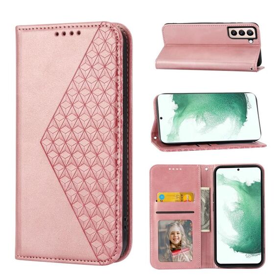 Per Samsung Galaxy S22 + 5G Cubic Grid Vitello Texture Chiusura magnetica Custodia per telefono in pelle (oro rosa)