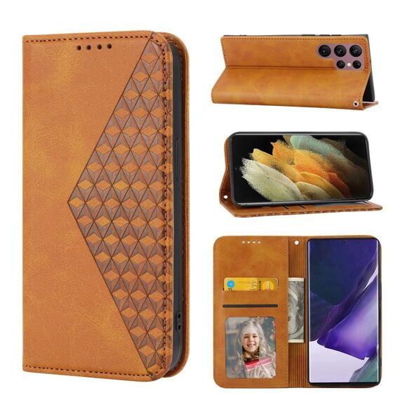 Per Samsung Galaxy S22 Ultra 5G Cubic Grid Calf Texture Chiusura magnetica Custodia per telefono in pelle (giallo)