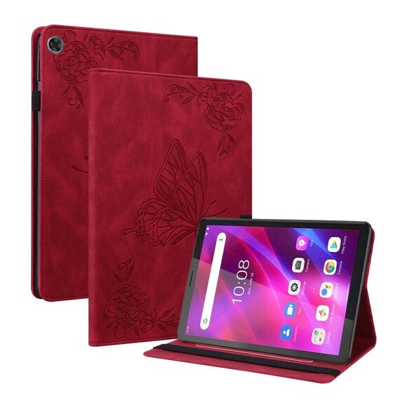 Per Lenovo Tab M7 3a generazione Custodia per tablet in pelle goffrata con fiori di farfalla (rosso)