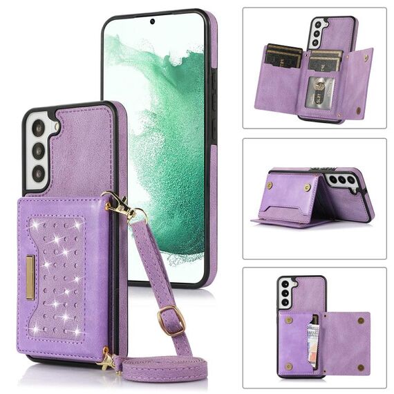 Per Samsung Galaxy S22 + Custodia per telefono in pelle RFID a tre pieghe con cordino (viola)