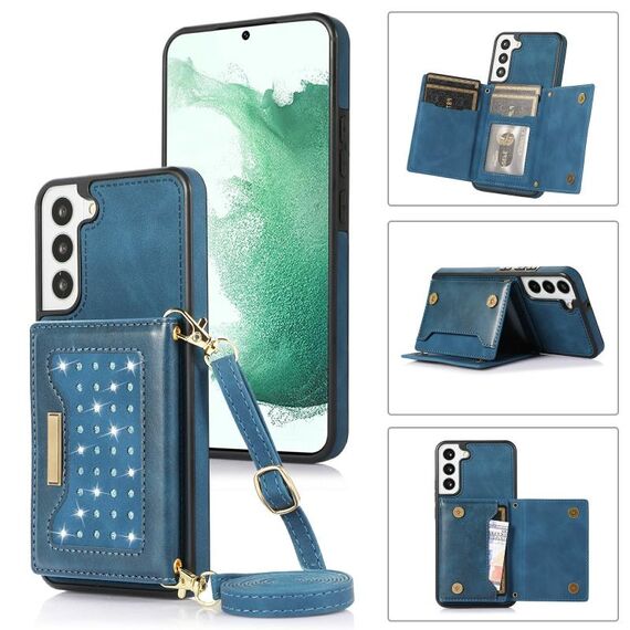 Per Samsung Galaxy S21 + Custodia per telefono in pelle RFID a tre pieghe con cordino (blu)