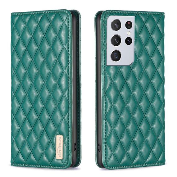 Per Samsung Galaxy S21 Ultra 5G Diamond Lattice Custodia magnetica in pelle per telefono (verde)