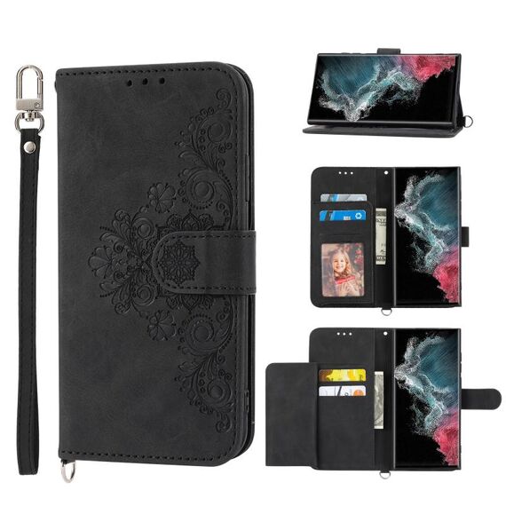 Per Samsung Galaxy S22 Ultra 5G Custodia per telefono in pelle con fiori in rilievo al tatto (nero)