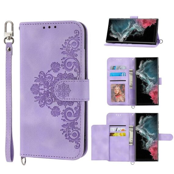Per Samsung Galaxy S22 Ultra 5G Custodia per telefono in pelle a portafoglio con fiori in rilievo (viola)