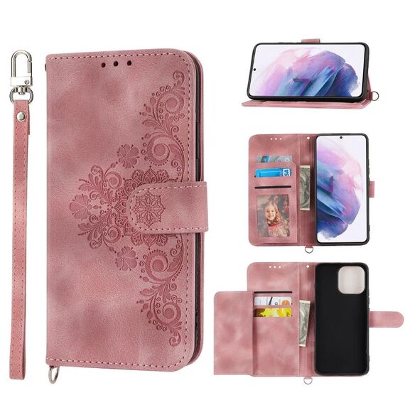 Per Samsung Galaxy S21 Ultra 5G Custodia per telefono in pelle a portafoglio con fiori in rilievo (rosa)