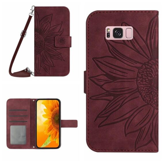 Per Samsung Galaxy S8 + Skin Feel Sun Flower Pattern Flip Custodia in pelle per telefono con cordino (rosso vino)