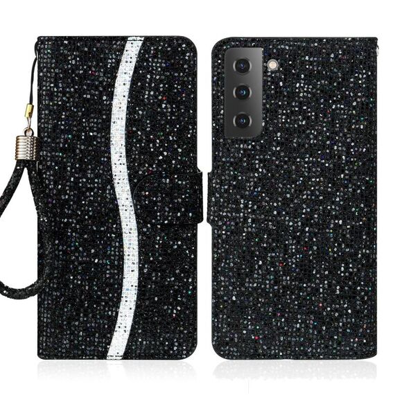 Per Samsung Galaxy S23 + 5G Custodia per telefono in pelle con polvere glitterata (nera)