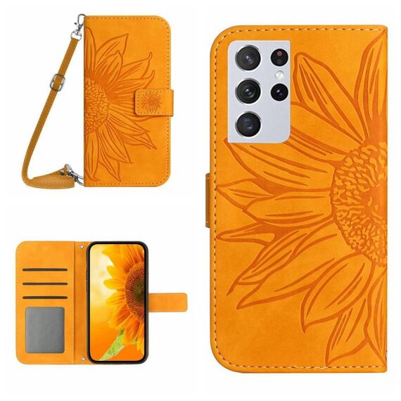 Per Samsung Galaxy S21 Ultra 5G Skin Feel Sun Flower Pattern Flip Custodia in pelle per telefono con cordino (giallo)