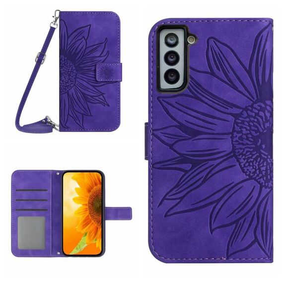 Per Samsung Galaxy S22 5G Skin Feel Sun Flower Pattern Flip Custodia in pelle per telefono con cordino (viola scuro)