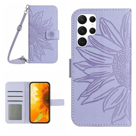 Per Samsung Galaxy S22 Ultra 5G Skin Feel Sun Flower Pattern Flip Custodia in pelle per telefono con cordino (viola)