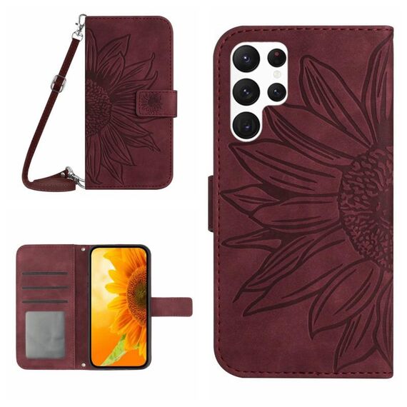 Per Samsung Galaxy S22 Ultra 5G Skin Feel Sun Flower Pattern Flip Custodia in pelle per telefono con cordino (vino rosso)