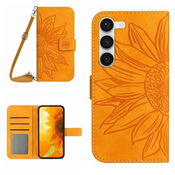 Per Samsung Galaxy S23 5G Skin Feel Sun Flower Pattern Flip Custodia in pelle per telefono con cordino (giallo)
