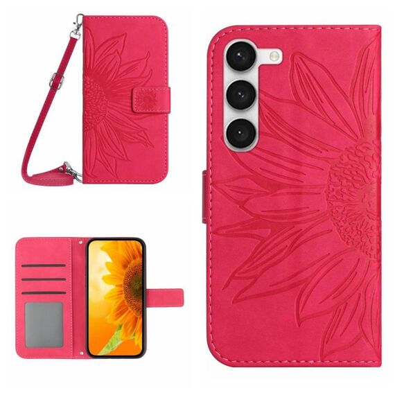 Per Samsung Galaxy S23 + 5G Skin Feel Sun Flower Pattern Flip Custodia in pelle per telefono con cordino (rosa rossa)