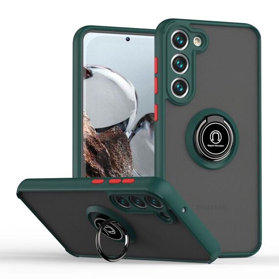 Per Samsung Galaxy S23+ 5G Q Shadow I Ring Kickstand PC e TPU Hybrid Phone Case (verde scuro)