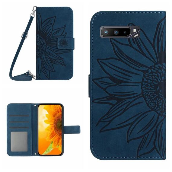 Per Asus ROG Phone 3 ZS661KS Skin Feel Sun Flower Pattern Flip Custodia in pelle per telefono con cordino (blu inchiostro)