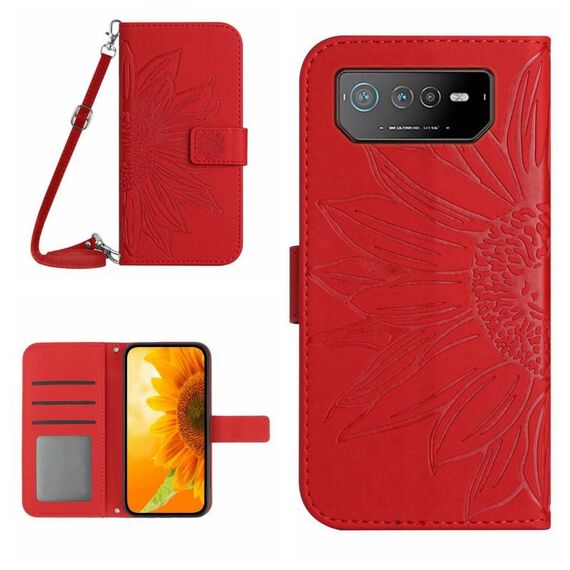 Per Asus ROG Phone 6 Skin Feel Sun Flower Pattern Flip Custodia in pelle per telefono con cordino (rosso)