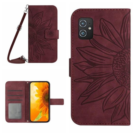 Per Asus ZenFone 8 ZS590KS Skin Feel Sun Flower Pattern Flip Custodia in pelle per telefono con cordino (vino rosso)