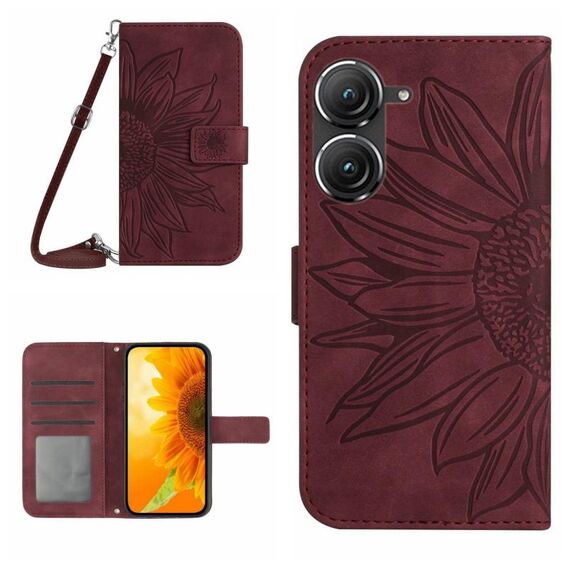 Per Asus ZenFone 9 Skin Feel Sun Flower Pattern Flip Custodia in pelle per telefono con cordino (vino rosso)