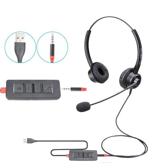 VT200D Cuffie per operatore con cuffie telefoniche doppie con microfono, specifiche: spina singola da 3,5 mm a USB