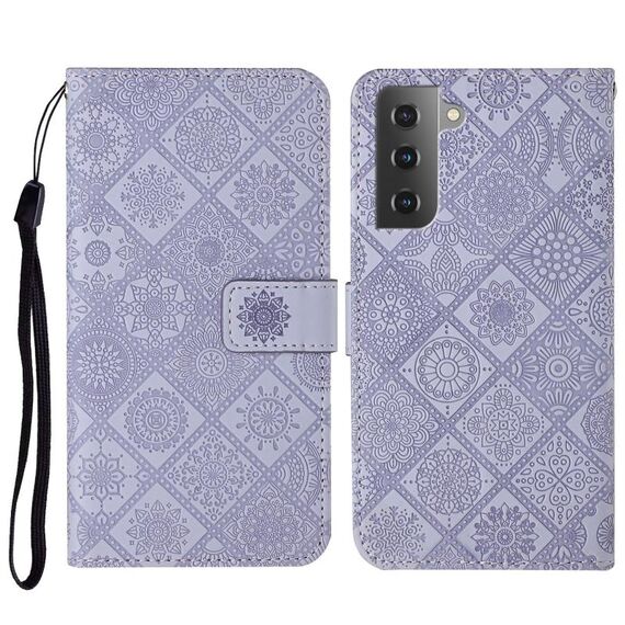 Per Samsung Galaxy S23 5G Custodia per telefono in pelle con motivo goffrato in stile etnico (viola)