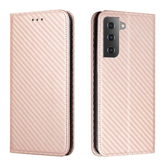 Per Samsung Galaxy S23 5G Custodia per cellulare in pelle magnetica con struttura in fibra di carbonio (oro rosa)