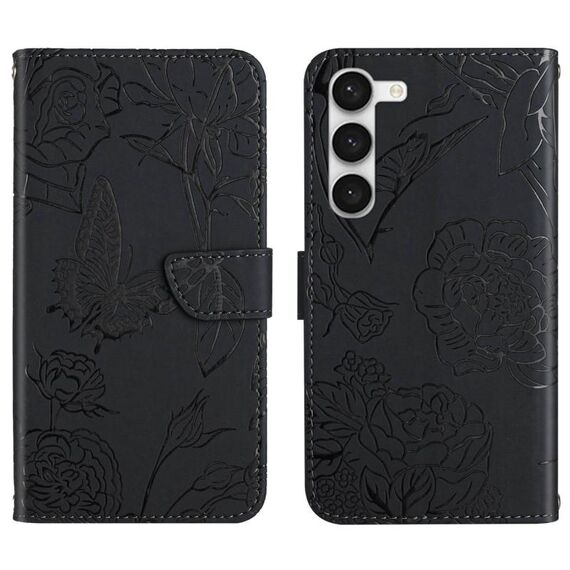 Per Samsung Galaxy S23 5G HT03 Custodia per telefono in pelle con vibrazione in rilievo a forma di farfalla (nero)