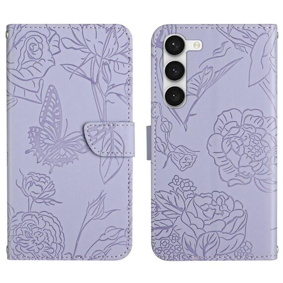 Per Samsung Galaxy S23 + 5G HT03 Custodia per telefono in pelle con vibrazione in rilievo a forma di farfalla (viola)
