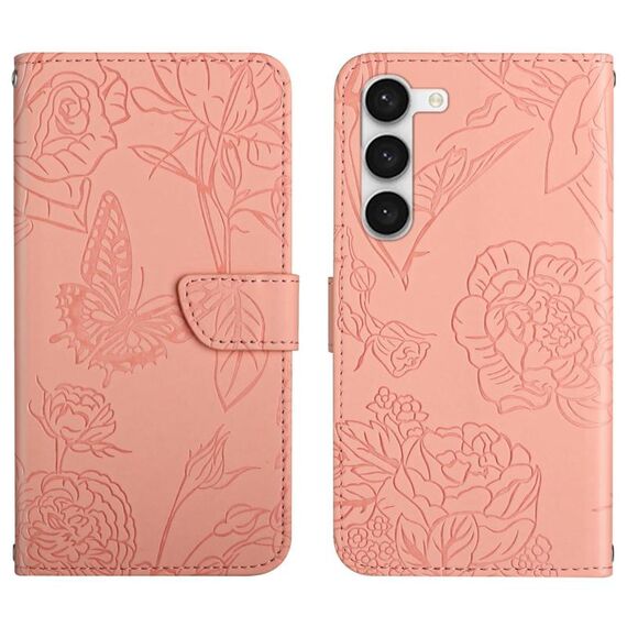 Per Samsung Galaxy S23 + 5G HT03 Custodia per telefono in pelle con vibrazione in rilievo a forma di farfalla (rosa)