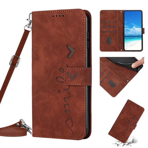Per Samsung Galaxy S23 5G Skin Feel Custodia per telefono in pelle con motivo a cuore con cordino (marrone)