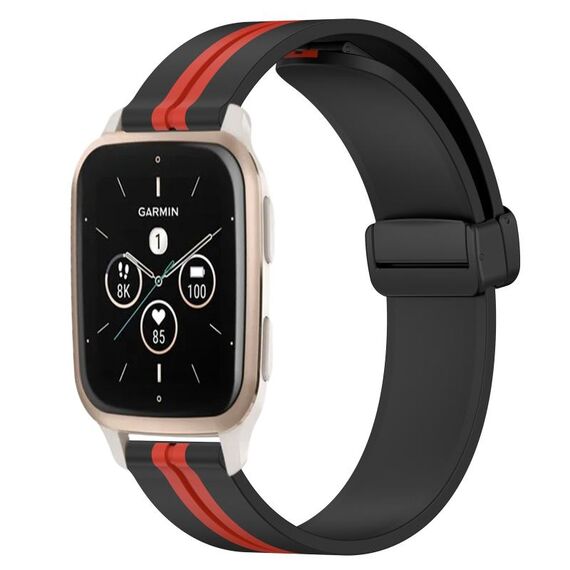 Per Garmin Forerunner Sq2 Music 20 mm pieghevole cinturino in silicone con chiusura magnetica (nero + rosso)