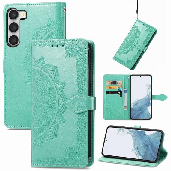 Per Samsung Galaxy S23 Plus 5G Custodia per telefono in pelle goffrata Mandala Flower (verde)