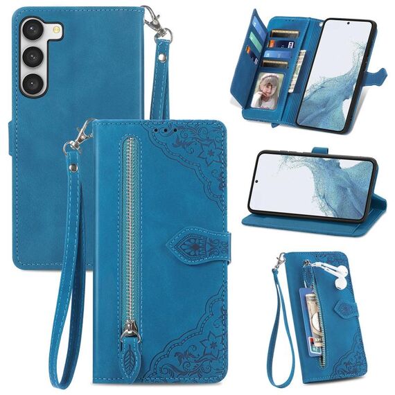 Per Samsung Galaxy S23 Plus 5G Custodia in pelle con cerniera floreale in rilievo (blu)