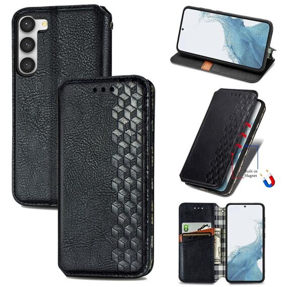 Per Samsung Galaxy S23 + 5G Cubic Grid Pressed Custodia per telefono magnetica in pelle (nero)