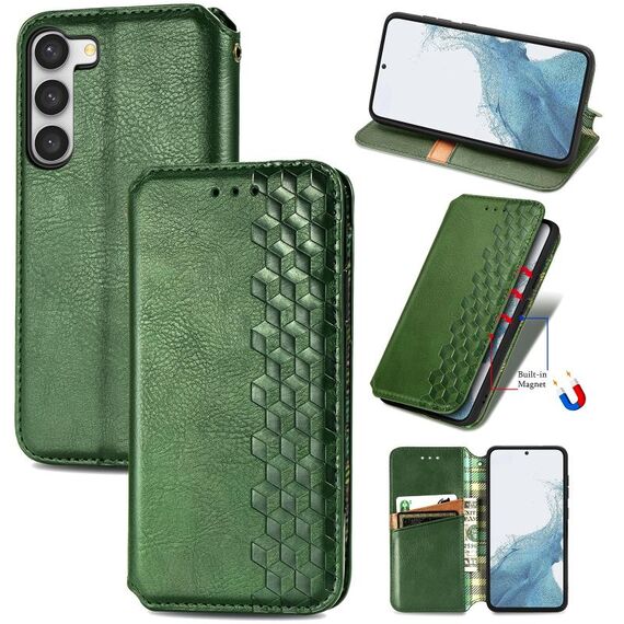 Per Samsung Galaxy S23 + 5G Custodia per telefono in pelle magnetica con griglia cubica (verde)