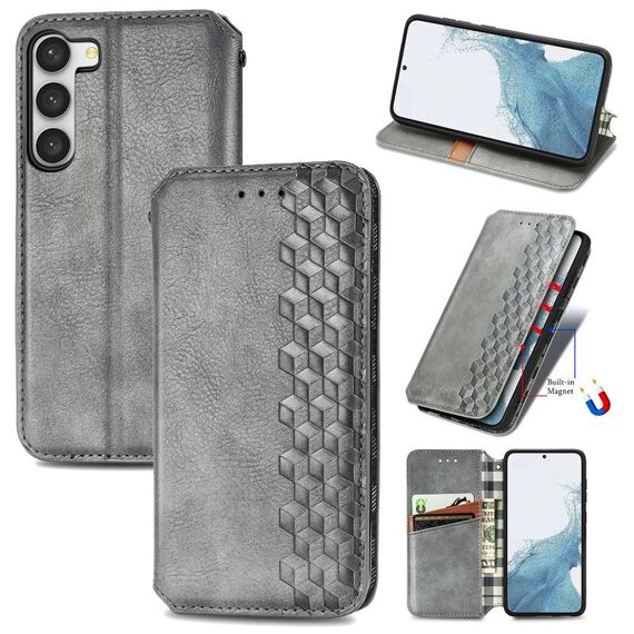 Per Samsung Galaxy S23 + 5G Cubic Grid Pressed Custodia per telefono magnetica in pelle (grigio)