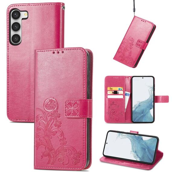 Per Samsung Galaxy S23 + 5G Custodia per telefono in pelle con fibbia in rilievo a quattro foglie (rosa)