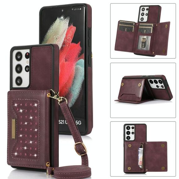 Per Samsung Galaxy S21 Custodia per telefono in pelle RFID ultra tripla con cordino (rosso)