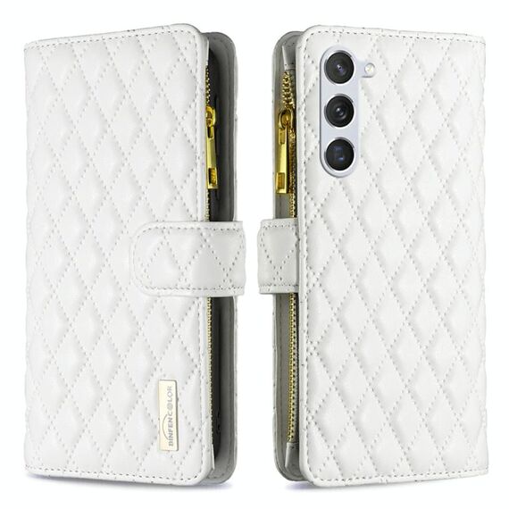 Per Samsung Galaxy S23 5G Diamond Lattice Zipper Portafoglio in pelle Flip Phone Case (bianco)