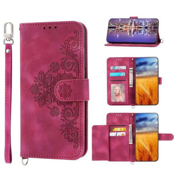 Per Samsung Galaxy S23 5G Custodia per telefono in pelle a portafoglio con fiori in rilievo (vino rosso)