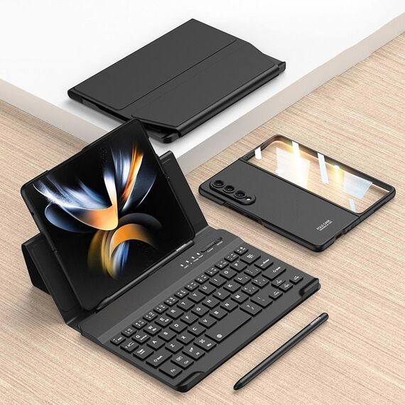 Custodia in pelle per tastiera Bluetooth pieghevole magnetica per Samsung Galaxy Z Fold4 GKK con penna + custodia per telefono (nero)