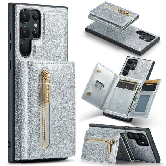 Per Samsung Galaxy S22 Ultra 5G DG.MING M3 Series Custodia in pelle con custodia in polvere glitterata (argento)