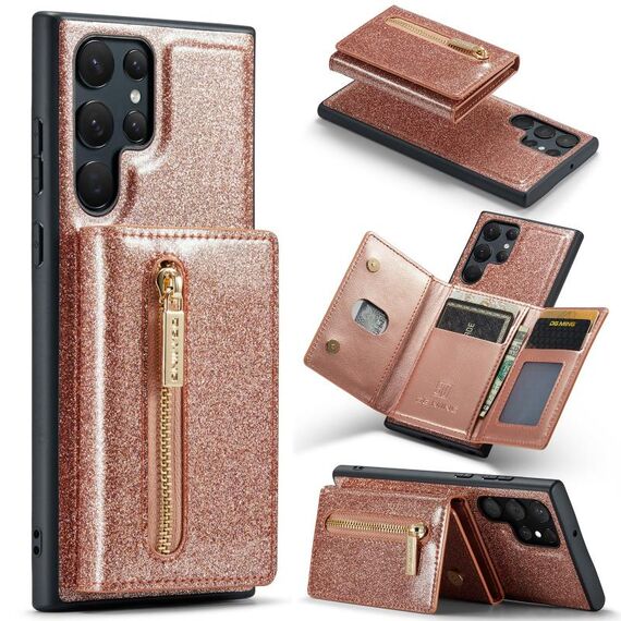 Custodia in pelle per Samsung Galaxy S22 Ultra 5G DG.MING serie M3 con glitter polvere (oro rosa)