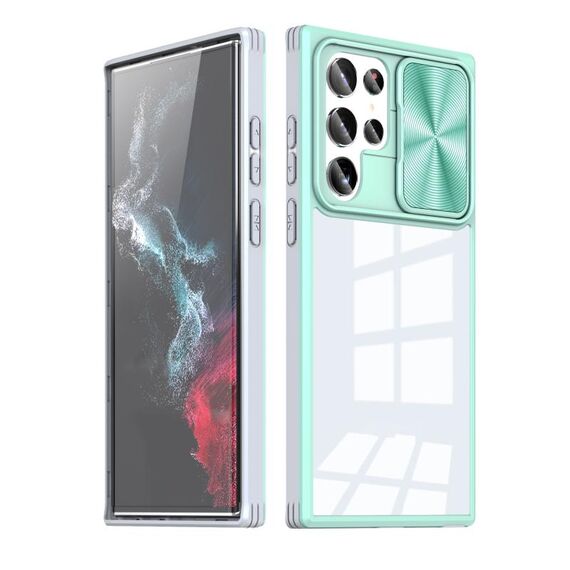 Per Samsung Galaxy S22 Ultra 5G Custodia per telefono con camshield scorrevole a copertura totale a 360 gradi (menta + grigio)