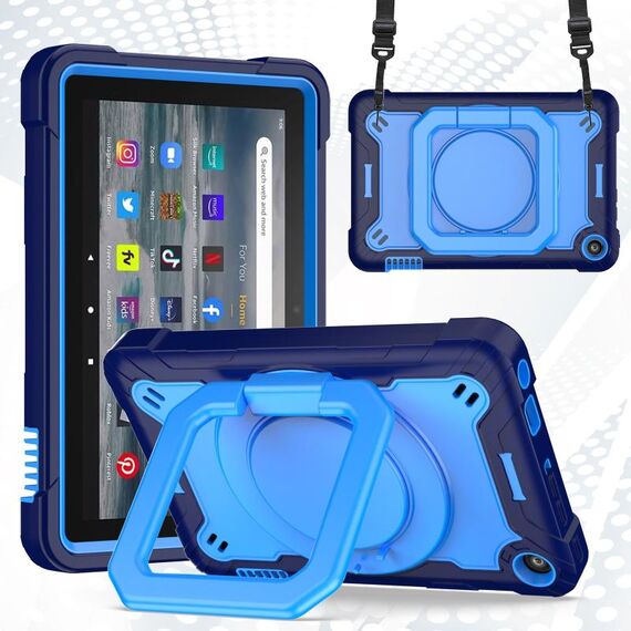 Per Amazon Kindle Fire 7 2022 Custodia per tablet con supporto per bracciale in silicone + PC (blu navy + blu)