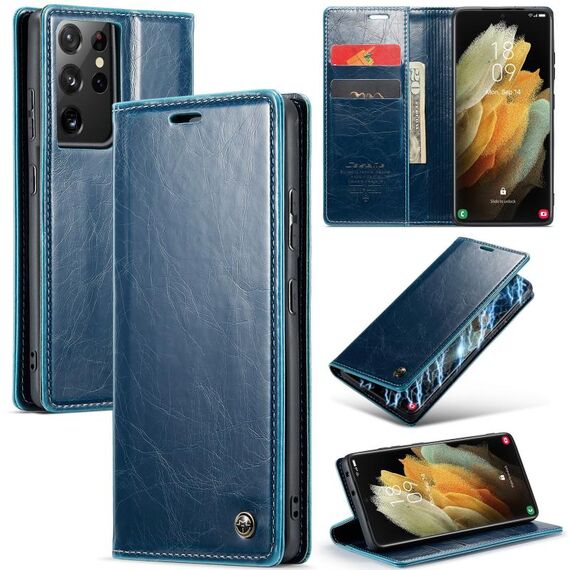 Custodia in pelle per Samsung Galaxy S21 Ultra 5G CaseMe 003 Crazy Horse Texture (blu)
