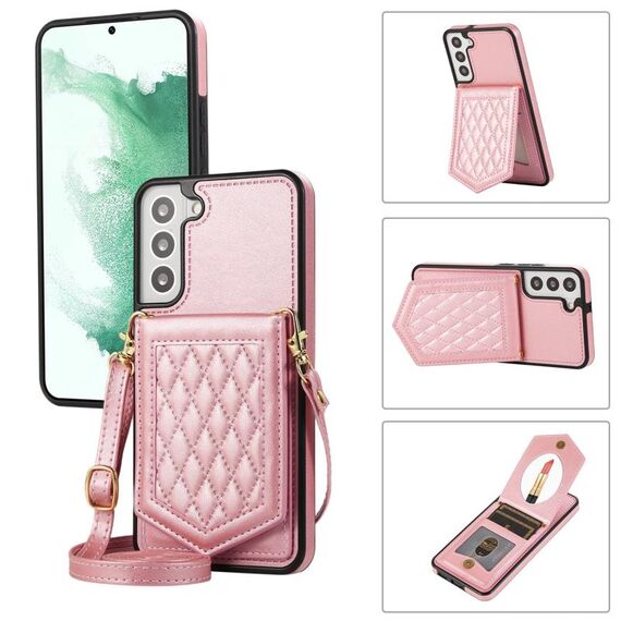 Per Samsung Galaxy S22 5G Custodia per telefono RFID a trama rombica con cordino e specchio (oro rosa)