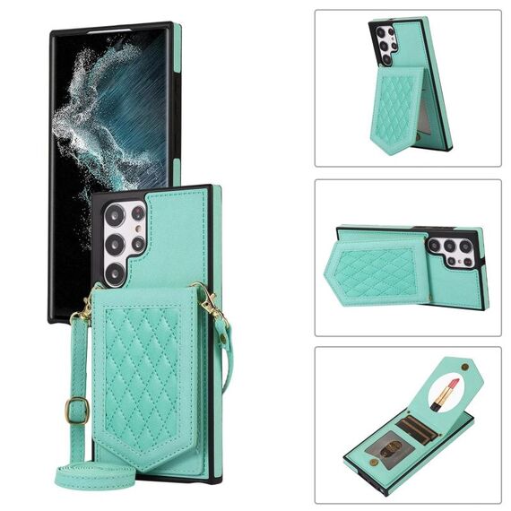 Per Samsung Galaxy S22 Ultra 5G Custodia per telefono RFID con trama rombica con cordino e specchio (verde menta)