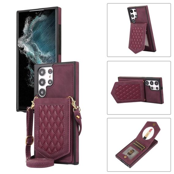 Per Samsung Galaxy S22 Ultra 5G Custodia per telefono RFID con trama rombica con cordino e specchio (rosso vino)