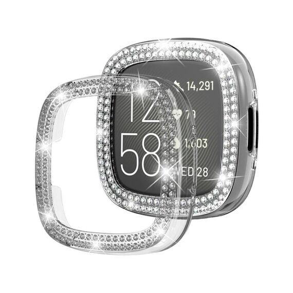 Per Fitbit Versa 4 Cassa dell'orologio scavata con placcatura elettrolitica in tinta unita con diamanti a doppia fila (trasparente)